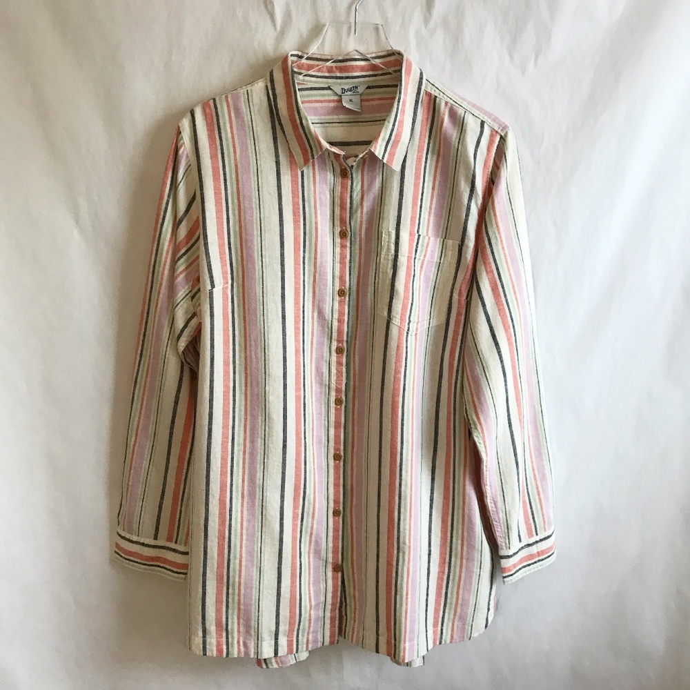 Duluth Trading Artisan Hemp Stripe Pocket Tunic XL Organic Cotton Button tabs
